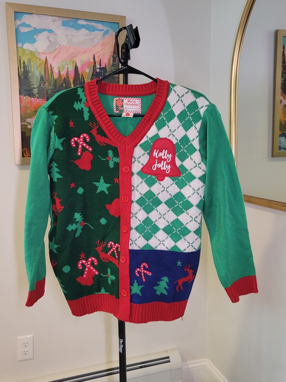 Merry Christmas Sweater V Neck Faux Cardigan Style Women's Size L